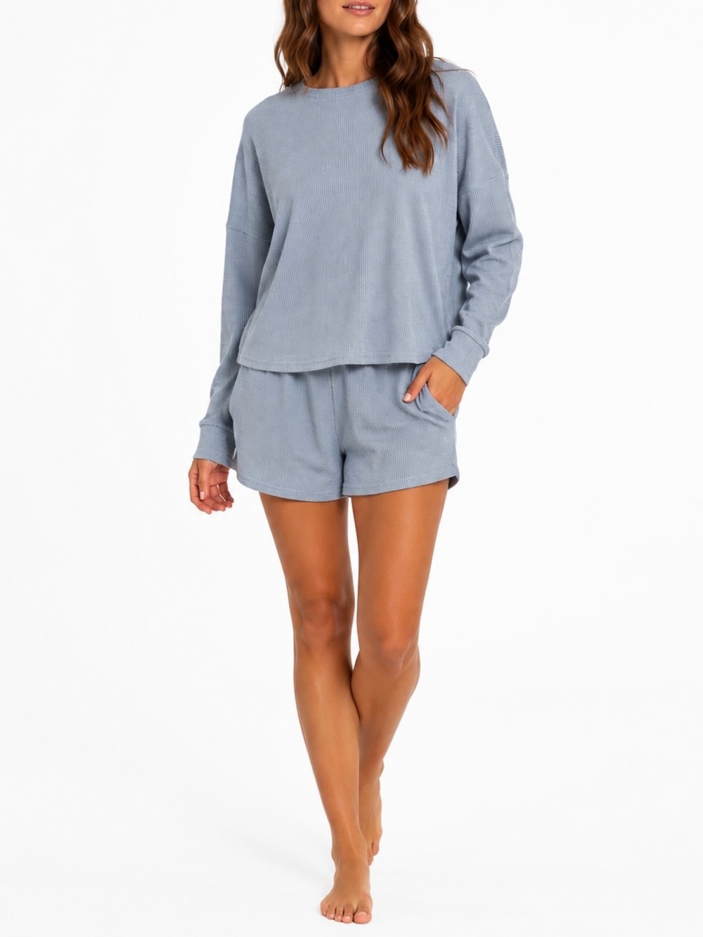 Blue Grey Waffle Knit Cozy Lounge Set Pajamas – Top & Shorts – Size M